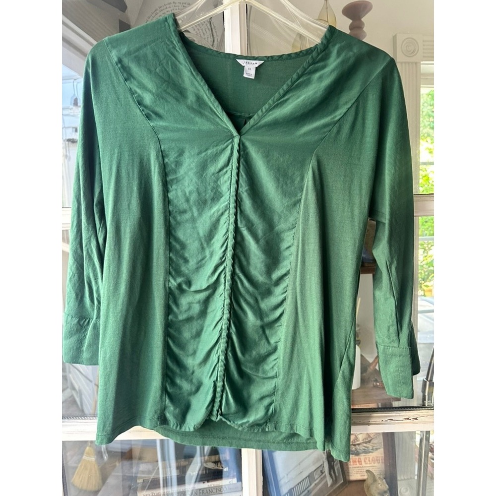 Jigsaw Green Blouse V-Neck Ruched Front‎ 3/4 Sleeve Top XS